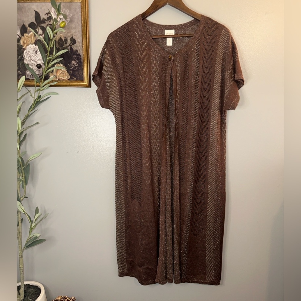 Chico’s Size 2 Brown Metallic Open Knit Long Duster Cardigan Boho Shimmer - Picture 2 of 8